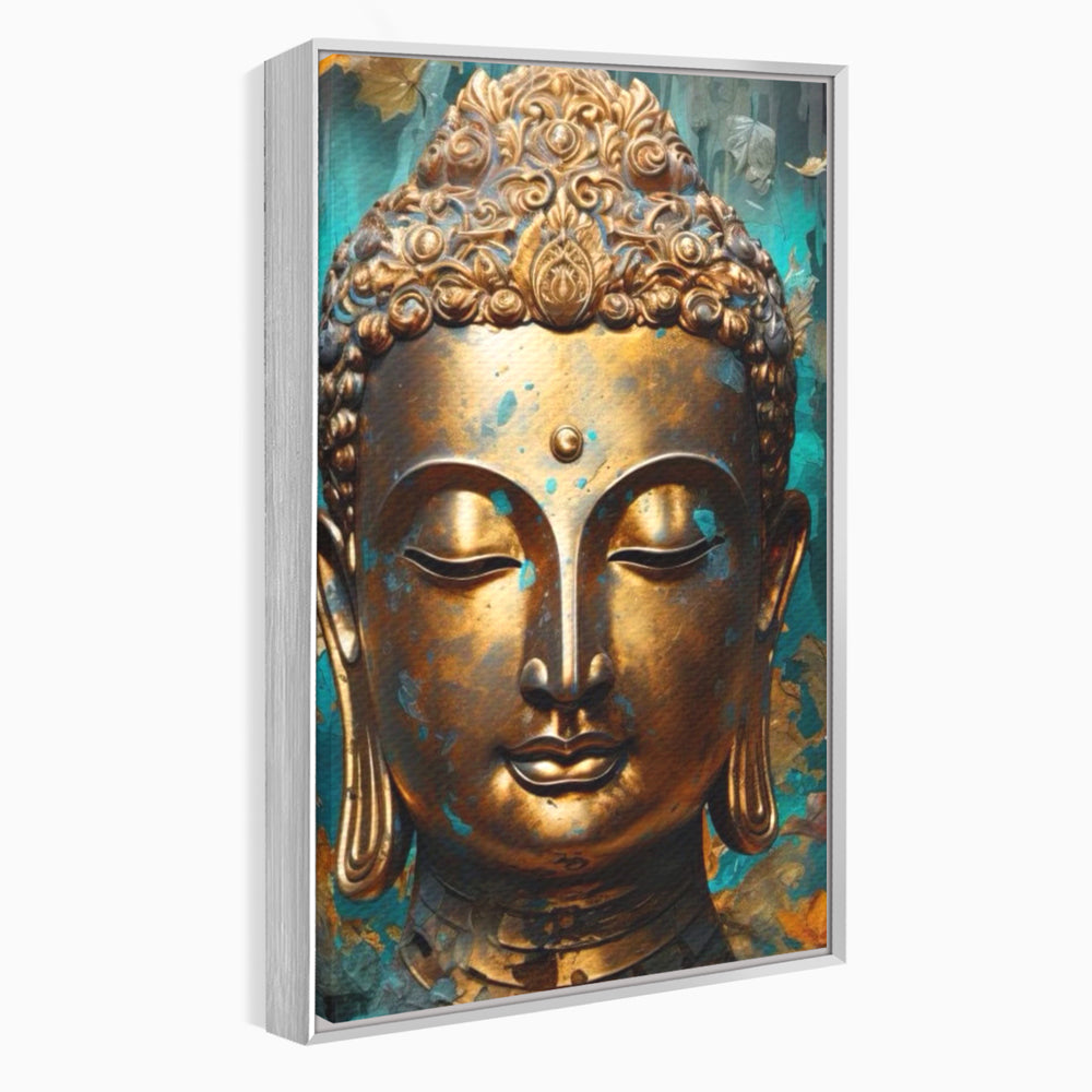Tablou canvas cu tablou canvas cu capul lui buddha aurit, in rama de aluminiu argintiu
